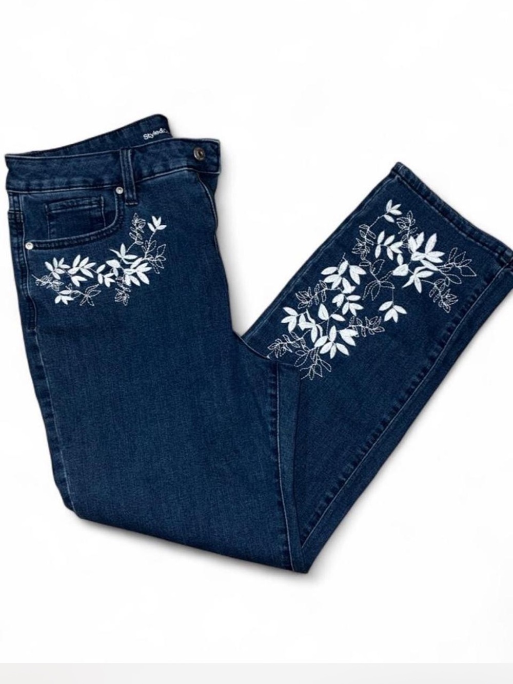 Style & Co. Dark Blue Straight Leg Jeans with White Floral Embroidery